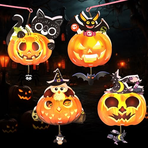 Begonia 4 Stück LED Halloween Laternen Bastelset für Kinder, Tragbar Halloween Kürbis Laterne, DIY Kinderlaternen mit LED Leuchten & Laternenstab, Laternen Party Dekoration Geschenke für Kinder von Begonia