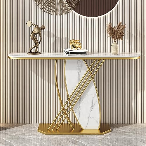 Konsolentisch, moderner Konsolentisch in Gold und Schwarz mit Metallsockel, schmaler Eingangstisch aus Kunstmarmor, Langer Tisch mit breiterer Tischplatte (Gold 120 x 30 x 80 cm) von Begonial