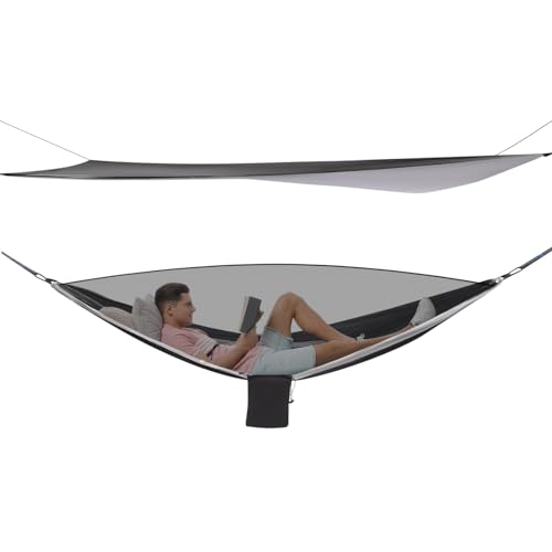 Begoniape Camping Hängematte mit Moskitonetz und Zeltplane, Atmungsaktiv Hängematten aus Nylon Polyester, Reise Hammock für Outdoor-Aktivitäten 200kg Tragfähigkeit 2.9 * 1.4 m (Grau) von Begoniape