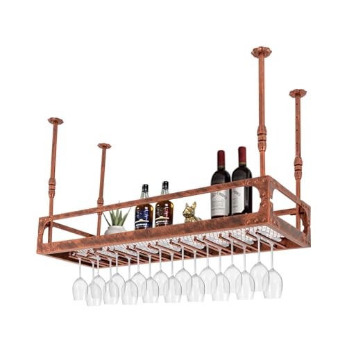 Begoniape Deckenregal Weinregal Weinflaschenhalter Hängender Retro Eisen Dekoration Regal Höhenverstellbare Hängeregal bis 50kg für Bar Café Küche Bronze (100 * 35 * 35-55 cm) von Begoniape