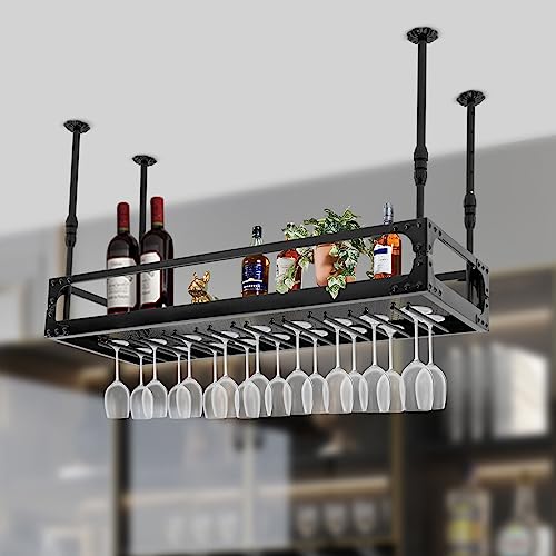 Begoniape Deckenregal Weinregal Weinflaschenhalter Hängender Retro Eisen Dekoration Regal Höhenverstellbare Hängeregal bis 50kg für Bar Café Küche Schwarz (100 * 35 * 35-55 cm) von Begoniape