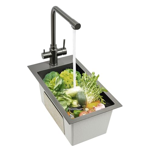 Begoniape Rechteckig Spülbecken Schwarz, 50 x 28cm, Küchenspüle & Einbauspüle mit Abtropfgestell & Wasserhahn, 1 Becken Edelstahlspüle von Begoniape