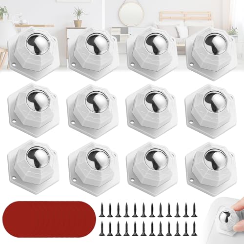 Begpoee 12 Stück 360 Grad Kugelrollen, Selbstklebendes Rollenrad, Möbelrollen Klein, Mit 24 Schrauben + 12 Doppelseitiges Klebeband, Für Tische, Nachttische, Mülleimer(Weiß, 3,7 x 2,3 cm) von Begpoee