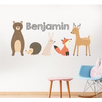 Personalisierte Waldtiere Kinderzimmer Wandtattoo - Name Waschbär Hirsch Fuchs Bär Kaninchen Rentier Für Kinder Kunst Wandbild von BeharColors