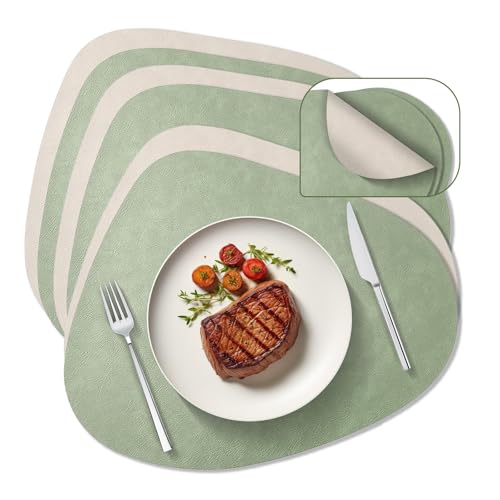 Behiruch 6er Set Tischsets Abwaschbarm, 34x42.5 cm Platzsets Abwaschbar, Doppelseitig Zweifarbig Kunstleder, Wasserdicht Schmutzabweisend & rutschfest (Oval,Hellgrün+Beige) von Behiruch