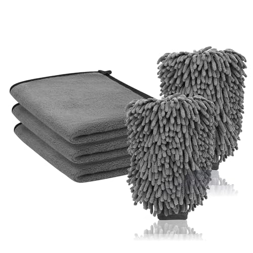 Behiruch 5 Stück Autopflege Set, 3er Mikrofasertücher Auto & 2er Mikrofaser Waschhandschuh Auto, 40x30 cm Microfasertuch Autopflege, Extra Saugstark und Schonend Weich für Camping, Haushalt von Behiruch