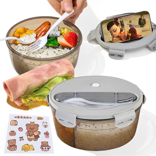 Behiruch Brotdose Runden, Bento Box für Mikrowellen To-Go Lunchbox mit 3 Fächern Brotbox mit Besteck, Auslaufsichere Brotbüchse Jausenbox Kinder Erwachsene Essensbox für Sandwichbrot (Grau) von Behiruch