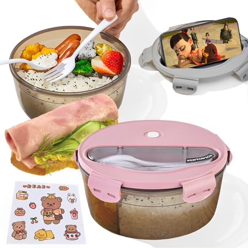 Behiruch Brotdose Runden, Bento Box für Mikrowellen To-Go Lunchbox mit 3 Fächern Brotbox mit Besteck, Auslaufsichere Brotbüchse Jausenbox Kinder Erwachsene Essensbox für Sandwichbrot (Pink) von Behiruch