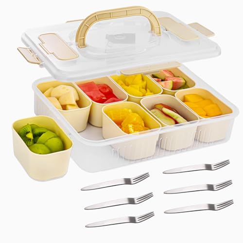 Behiruch Snackbox Mit 8 FäChern, Snackteller mit Deckel und Griff, Vielseitige Snackbox Organizer mit 6 Edelstahl Gabeln, Wiederverwendbar Snackschale für Nüsse, Früchte, Gemüse, Desserts von Behiruch