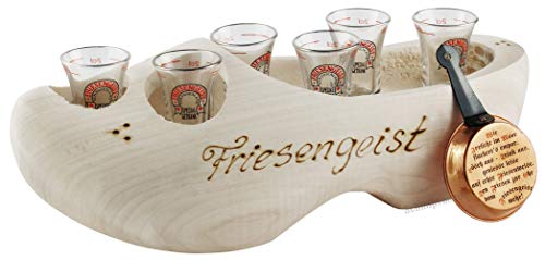 6er Friesengeist Servierholzschuh mit 6 Gläsern und Pfännchen ca.35cm lang von Friesengeist