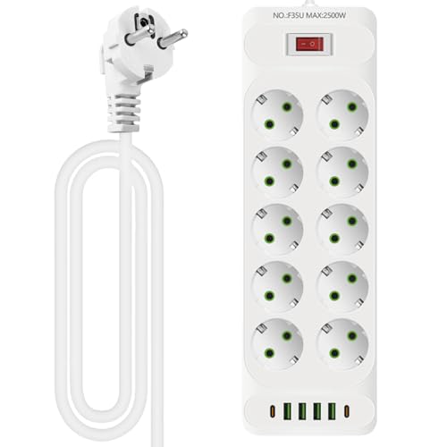 10 Fach Steckerleiste: Steckdosenleiste mit 4 USB Ladeanschlüsse + 2 TYPE-C, Verteilersteckdose Wandmontage, 10 Fach Power Strip mit 2M Kabel, Steckerleiste mit Schalter für Büro, Hause und Reisen von Behogan