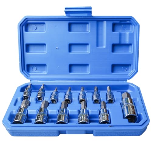 13-tlg Sechskant Steckschlüssel Set, CRV Innensechskant Nuss Satz, 1/2 3/8 1/4 Zoll Sechskant Satz, 2-14mm Steckschluesselsatz Metric mit Bewahrungsbox für Drehmomentschlüssel Bohrer Schlagschrauber von Behogan