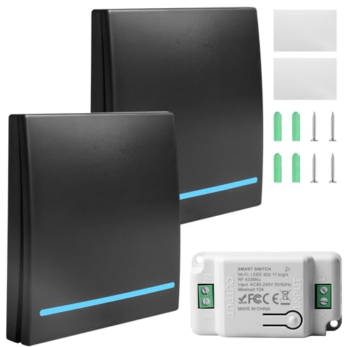 2 Stück 230V Lichtschalter Set, wifi+RF 433MHZ Funk Lichtschalter mit Empfänger, Drahtlos Schalter, Reichweite von 30M,Funk-Sender, 2 Schalter und 1 Empfänger von Behogan