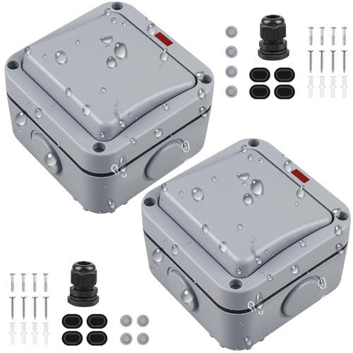 2 Stück Lichtschalter, 20A 250V Aufputz Schalter mit Staub Unabhängigem Schalter Und Kontrollleuchte, Universalschalter Wasserdicht Schalter, Lichtschalter Außen für Outdoor Garten Balkon von Behogan