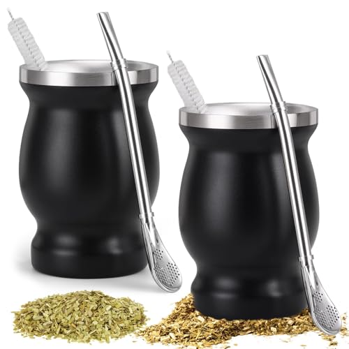 2 Stück Mate Becher: Yerba Mate Tee Set, Doppelwandiger Edelstahl Matebecher mit Strohhalmlöffel und Reinigungsbürste, Wärmeisolierung für Mate Tee, Kaffee, Milch und Saft von Behogan