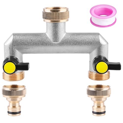 2-Wege Wasserhahn Wasserverteiler: 2-Wege Verteiler aus vernickeltem Messing, 2er Verteiler 3/4" Adapter 1/2" mit Kugelhahn zum Einstellen und Absperren des Wasserflusses, für Garten Bewässerung von Behogan
