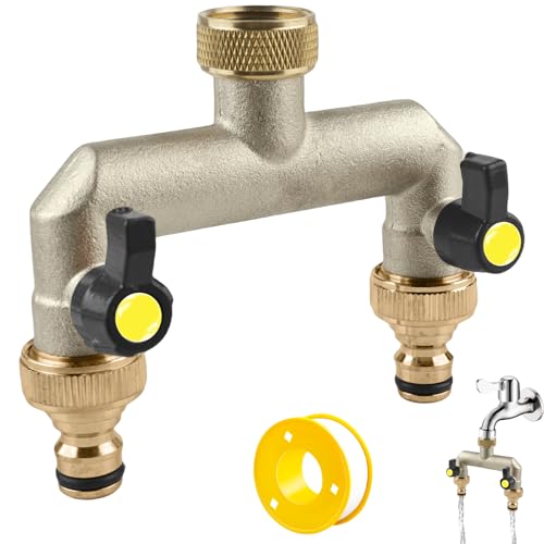 2-Wege Wasserhahn Wasserverteiler: Garten Wasserverteiler aus Messing für 2 Gartenschlauch Adapter, 2er Verteiler 3/4" Adapter 1/2" mit Kugelhahn zum Einstellen und Absperren des Wasserflusses von Behogan