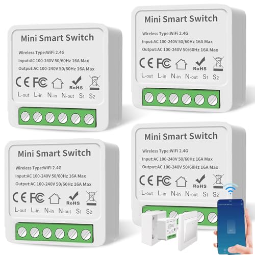 4 Pack Smart Lichtschalter Modul 1 Weg, Smart Life Kompatibel, Smart Lichtschalter Mini Module DIY, Smart Schalter, Wlan Schalter, Smart Switch Kompatibe mit Tuya, Alexa Echo, Google Home von Behogan
