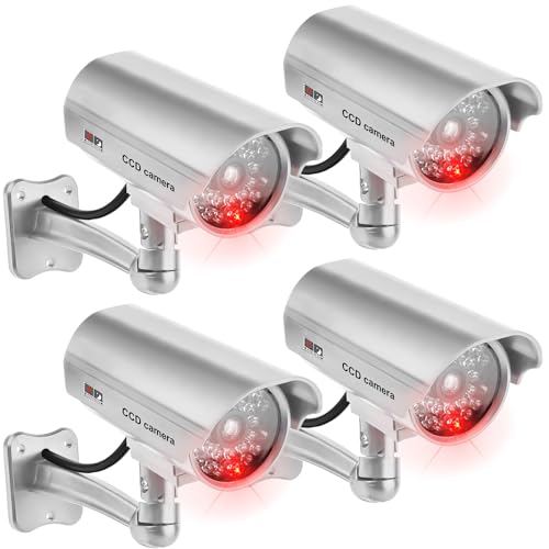 4 Stück Kamera Attrappe, Überwachungskamera Attrappe mit Rot Blinkender LED, Wandhalterung Dummy Kamera, Fake Kamera, Kamera Atrappe Außen für Wand Decke im Innen und Außenbereich, Silber 4 Stück Kamera Attrappe, Überwachungskamera Attrappe mit Rot Blinkender LED, Wandhalterung Dummy Kamera, Fake Kamera, Kamera Atrappe Außen für Wand Decke im Innen und Außenbereich, Silber von Behogan