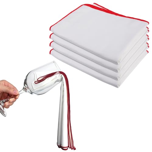 4 Stück Weinglas Poliertuch, 45 X 60CM Groß Mikrofaser Poliertuch für Glas, Wiederverwendbar Weinglas Poliertücher, Gläsertuch streifenfrei, Mikrofaser, Weiß Weingläser Tücher Mit Rotem Rand von Behogan