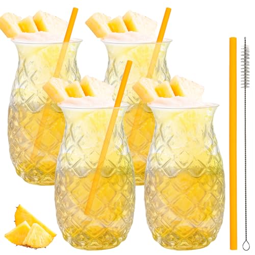 4er Set Ananas Gläser, 480ml Trinkgläser im Ananas, Klares Cocktailbecher, Transparent Partygläser, Wiederverwendbar Cocktail Gläser, Saftgläser, Saftgläser-Set für zu Hause, Restaurants und Party von Behogan