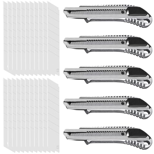 5 Stück Cuttermesser Set: 18mm Profi Cuttermesser mit 50 Ersatzklingen, Allzweckmesser mit Gummigriff, Mehrzweck Messer, Tragbares Cutter Klingen für Folien, Papier, Basteln 5 Stück Cuttermesser Set: 18mm Profi Cuttermesser mit 50 Ersatzklingen, Allzweckmesser mit Gummigriff, Mehrzweck Messer, Tragbares Cutter Klingen für Folien, Papier, Basteln von Behogan