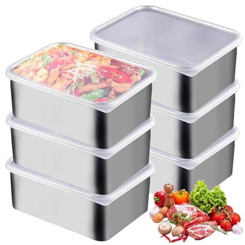 6 Stück Aufschnittboxen für Kühlschrank, 13.8x5.7x10.8CM Lebensmittel Aufbewahrungsbox, Gefrierbehälter Edelstahl Behälter mit Deckel, Aufschnittdose, Frischhaltedosen Stapelbare für Fleisch, Obst von Behogan