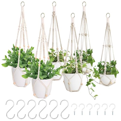 6 Stück Blumenampel Makramee, Beige Hängeampel mit Perlen ohne Quasten, mit Perlen ohne QuastenHängetopf für Pflanzen Pflanzkorb Blumentopf Halter Boho Home Decor Geschenkbox von Behogan