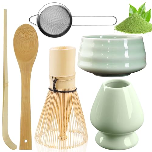 6 Stück Matcha Tee set: Matcha Schale aus Keramik, Matcha-Schneebesen mit 2 Matcha Löffel, Matcha Whisk,Matcha-Pulversieb, Bambus-Teebesen Matcha Tea Set matcha zubehör Matcha zubehör Geschenkset von Behogan
