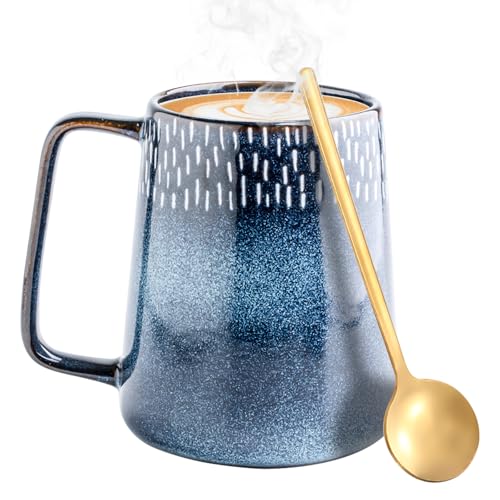 700 Ml Keramik Kaffeetassen mit Löffel, Große Teetasse für Büro und Zuhause, Glatte Glasur Große Milchkaffeetasse für Kakao, Cappuccino, Latte, Müsli, spülmaschinenfest (Blau) von Behogan
