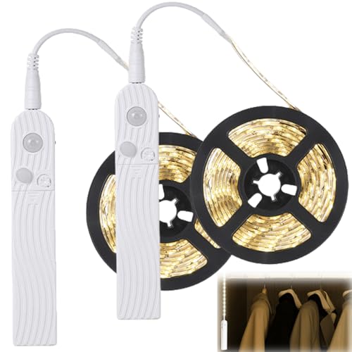 Behogan 2 Stück LED Band mit Bewegungsmelder, 2M LED Strip Batteriebetrieben, 3500K Warmweiß Kleiderschrank Licht Leiste für Schlafzimmer, USB Wiederaufladbar, LED Sensor Licht, LED Strip von Behogan