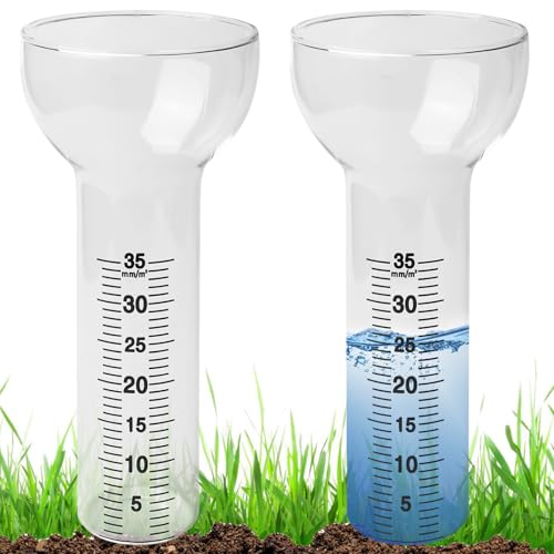 Behogan 2 Stück Regenmesser: 35 mm Trichterförmige Regenmessgeräte, Glas-Regenmesser mit klarer Skala, Outdoor-Regenmesser Frostsicher für Hof, Deck, Landschaft, Rasenund Gartenzubehör von Behogan