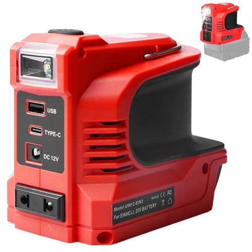 Behogan 220W Akku Wechselrichter für Einhell 18V Akku,DC 18V auf AC 220V Akku Wechselrichter, Tragbarer Stromquellen Ladeadapter, Spannungswandler Adapter mit USB Typ-C DC12V Anschluss und LED Lampe von Behogan