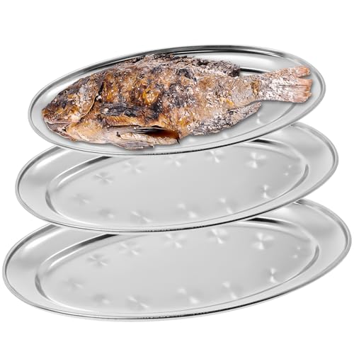 Behogan 3 Stück Servierplatte, 30CM+35CM+40CM Edelstahlplatte Stahltablett, Silbern Ovale Serviertabletts Servierteller für Kellnertablett, Wurst, Käse, Party, Schlemmerplatte, Kaffeetablett von Behogan