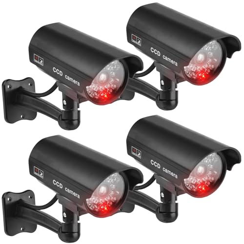 Behogan 4 Stück Kamera Attrappe, Überwachungskamera Attrappe mit Rot Blinkender LED, Wandhalterung Dummy Kamera, Kamera Atrappe Außen für Wand Decke im Innen und Außenbereich, Schwarz von Behogan