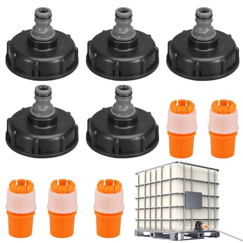 Behogan 5 STK IBC Tankdeckel Adapter, 1/2 Zoll Schnuller-Ventiladapter IBC Verbinder mit 5 Rohrverbinder, Ventil Rohrverbinder für Gartenschlauch IBC Container Wassertank Regenwassertank Tonnenventil von Behogan