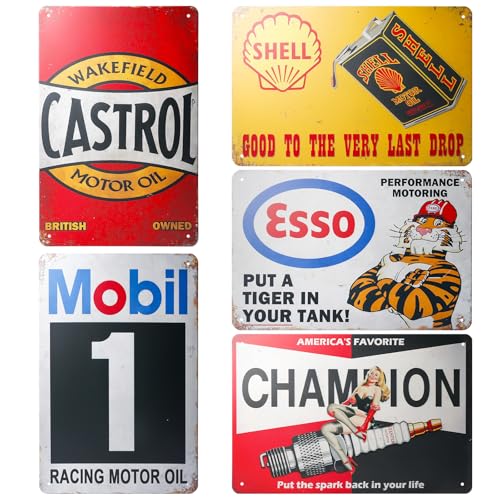Behogan 5er Set Retro Garage Deko Blechschilder, 20x30 cm Garage Metallschilder,Vintage Motorrad Metallschild,Garage Blechschilder, Retro Blechschild,Auto Bar Schild Benzin von Behogan
