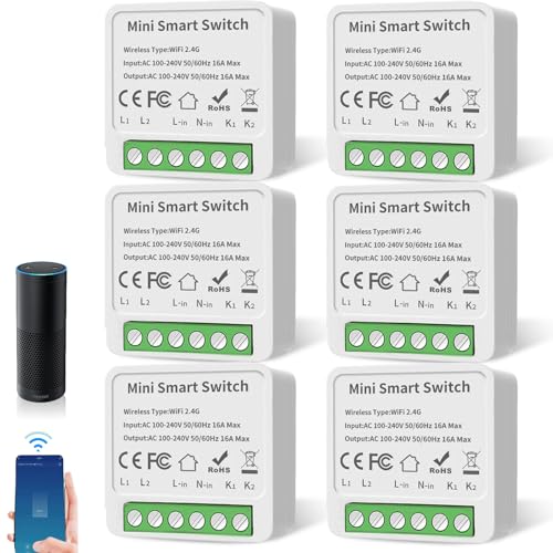 Behogan 6 Stück Smart Lichtschalter Modul 1 Wege, WLAN Mini DIY Schalter Relais Modul,Smart Life Schalter, Smart Home Lichtschalter,Kompatibel mit Google Assistant und Alexa,Neutralleiter Erforderlich von Behogan