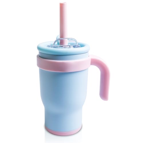 Behogan Kinder Thermobecher mit Strohhalm: 420ml Trinkbecher mit Deckel, Trinkbecher mit Griff für Kinder, Autobecher Becher Tumbler Thermobecher Kaffeebecher für Heißer und Kalter Getränke von Behogan