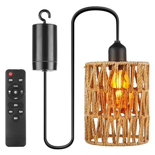 Hängeleuchte Rattan, E27 Outdoor Beleuchtung Hängelampe mit Batterie, Tragbare Boho Rattan Lampenschirm, Hängelampe Outdoor für Patio Bar Garten Terrasse Wohnzimmer Schlafzimmer von Behogan