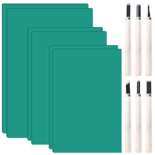 Linoldruck Set, 6 Stück A4 A5 A6 Linoleum Platte mit 6 Tranchiermesser, Weichgummi Linoldruck Platte, 3 Größen Gummi Stempeldruck Set, Gummistempel Schnitzblöcke für Druckgrafiken Kunsthandwerk DIY von Behogan