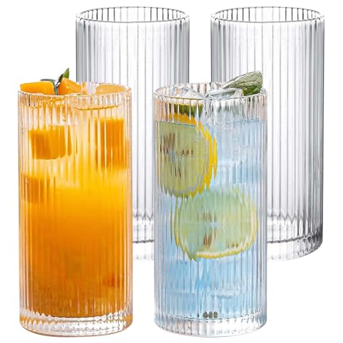 Longdrinkgläser Set 4er, 370ml Geriffelte Trinkgläser, Cocktailgläser aus Kristallglas, Origami-Stil longdrinkgläser, aperitifgläser, Trinkgläser für Eiskaffee, Bier, Säfte Longdrinkgläser Set 4er, 370ml Geriffelte Trinkgläser, Cocktailgläser aus Kristallglas, Origami-Stil longdrinkgläser, aperitifgläser, Trinkgläser für Eiskaffee, Bier, Säfte von Behogan