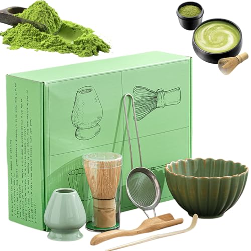 Matcha Besen 6-Teiliges Set: Matcha Schale aus Keramik, Matcha-Schneebesen mit 2 Matcha Löffel, Matcha Whisk,Matcha-Pulversieb, Bambus-Teebesen Matcha Tea Set matcha zubehör Matcha zubehör Geschenkset von Behogan