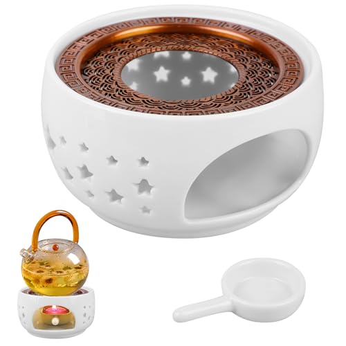 Stövchen Keramik, Teekannenwärmer mit Teelichthalter und Herdmatte, Weiß Teewärmer Hohl Geschnitztes Design, Geschnitztes Retro Kerzenständer Teekocher Stövchen für Teekanne,(Stern) von Behogan