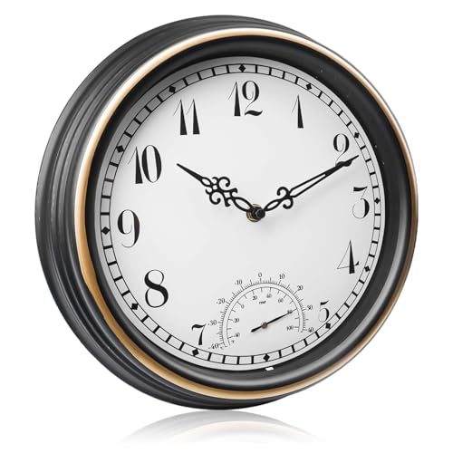 Wanduhr mit Temperaturanzeige, Innen Draussen Wetterfeste Wanduhr, Außenwanduhr wetterfest, Kunststoff Vintage Gartenuhr für Garten Terrasse Pool küche Wohnzimmer Heim Dekor (30.5cm, Bronze) von Behogan