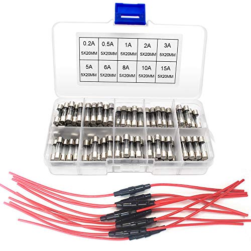 BeiLan 100 Stück 5×20mm Glassicherung mit 10 Stück Inline-Schraub-Typ AGC-Sicherungshalter, Fast-Schlag Glassicherung Glasrohr Assortierte Kit (0.2A 0.5A 1A 2A 3A 5A 6A 8A 10A 15A) von BeiLan