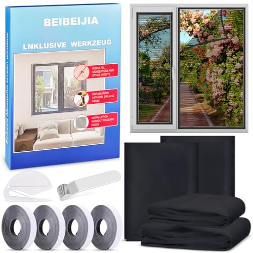 4 Stück Fliegengitter Fenster, Insektenschutz Fenster 150x180cm, Fliegennetz Fenster, Moskitonetz Fenster, mit Klettband Selbstklebend, Schützen die Familie vor Insekten (Schwarz) von Beibeijia