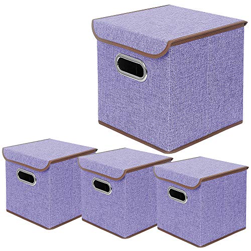 BeigeSwan Aufbewahrungsbehälter [4er Set] Leinen Stoff Faltbarer Behälter mit Deckel Faltbare Organizer Boxen Würfel - 10 x 10 x 10 Zoll (Violett) von BeigeSwan