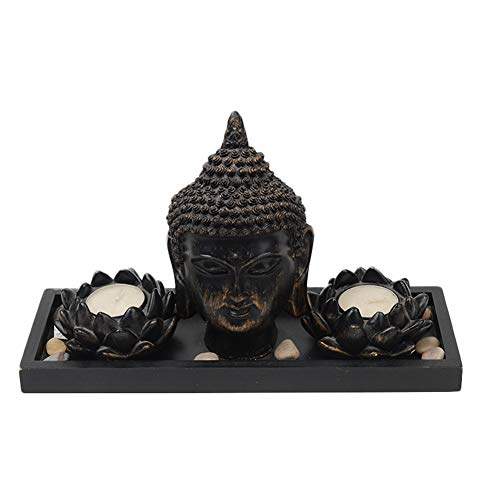 Buddha-Kerzenhalter, Skulptur, Zen-Garten-Set, mit Lotus-Teelichthaltern und Holztablett, Kerzenhalter (schwarz) von Beihaoer