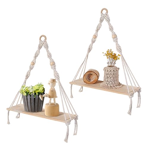 Beiktehy 2er Wandregal Holz Wanddeko Makramee Regal Wand Boho Deko Hängeregal für Wohnzimmer Schlafzimmer Kinderzimmer Balkon von Beiktehy